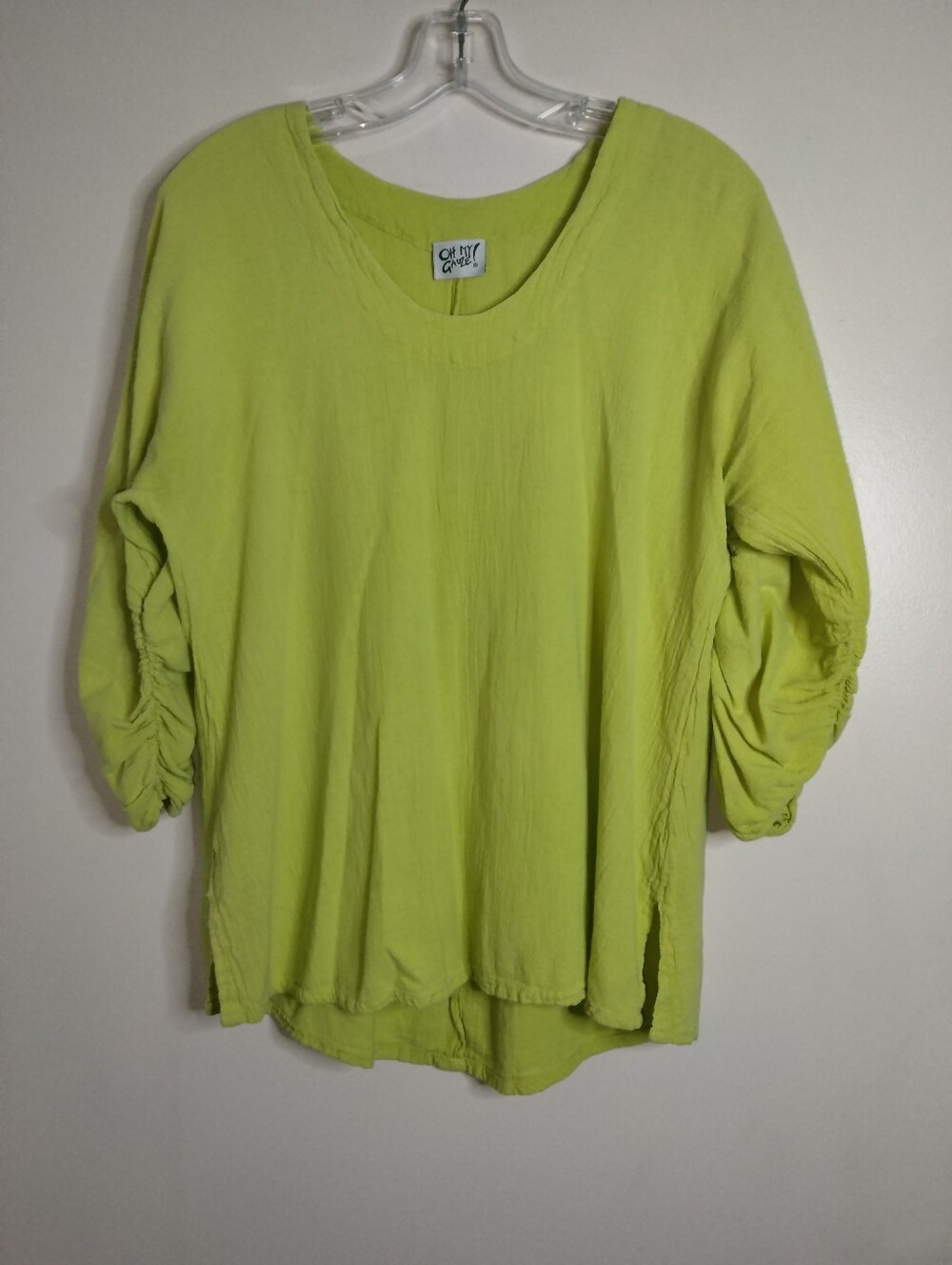 Oh My Gauze! (Size S/M) Lime Green Cotton Gauze Ruched Short Sleeve Tunic Blouse